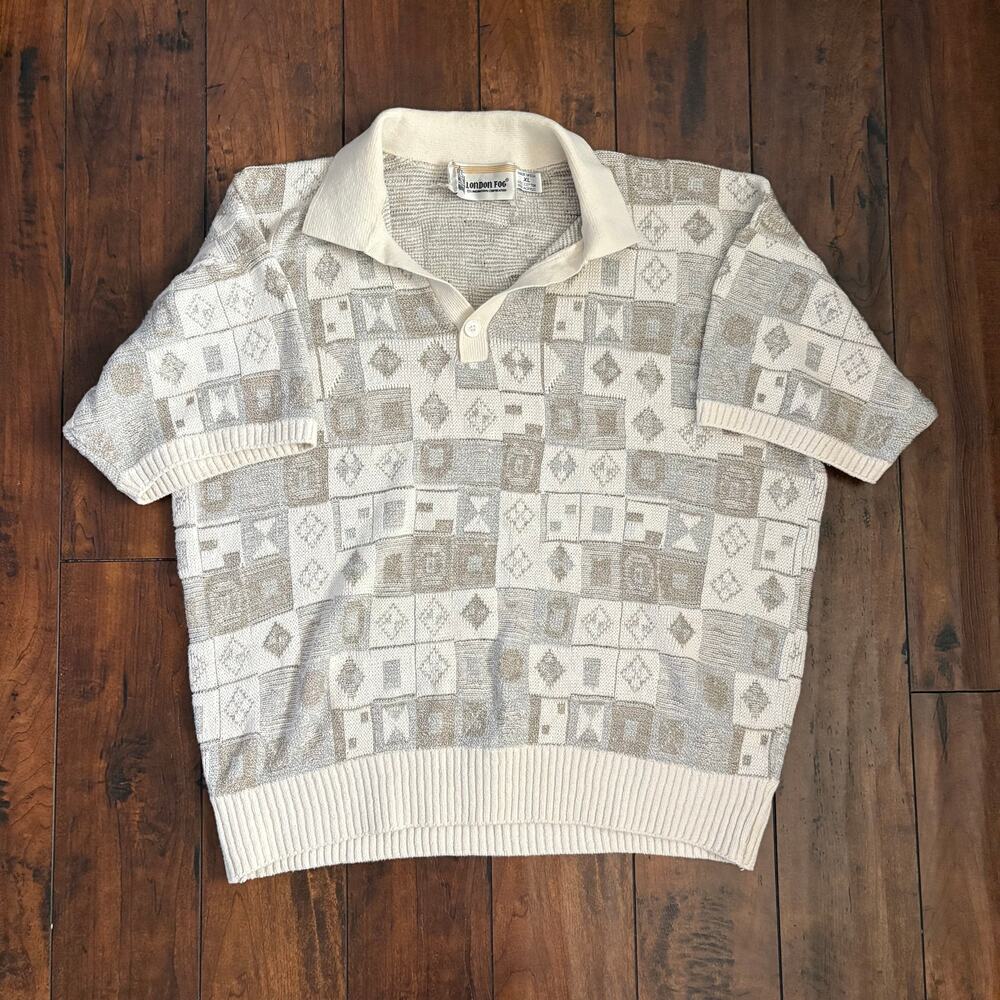 Vintage London Fog Knit Polo Shirt Mens XL White Geometric Grandpacore USA Made
